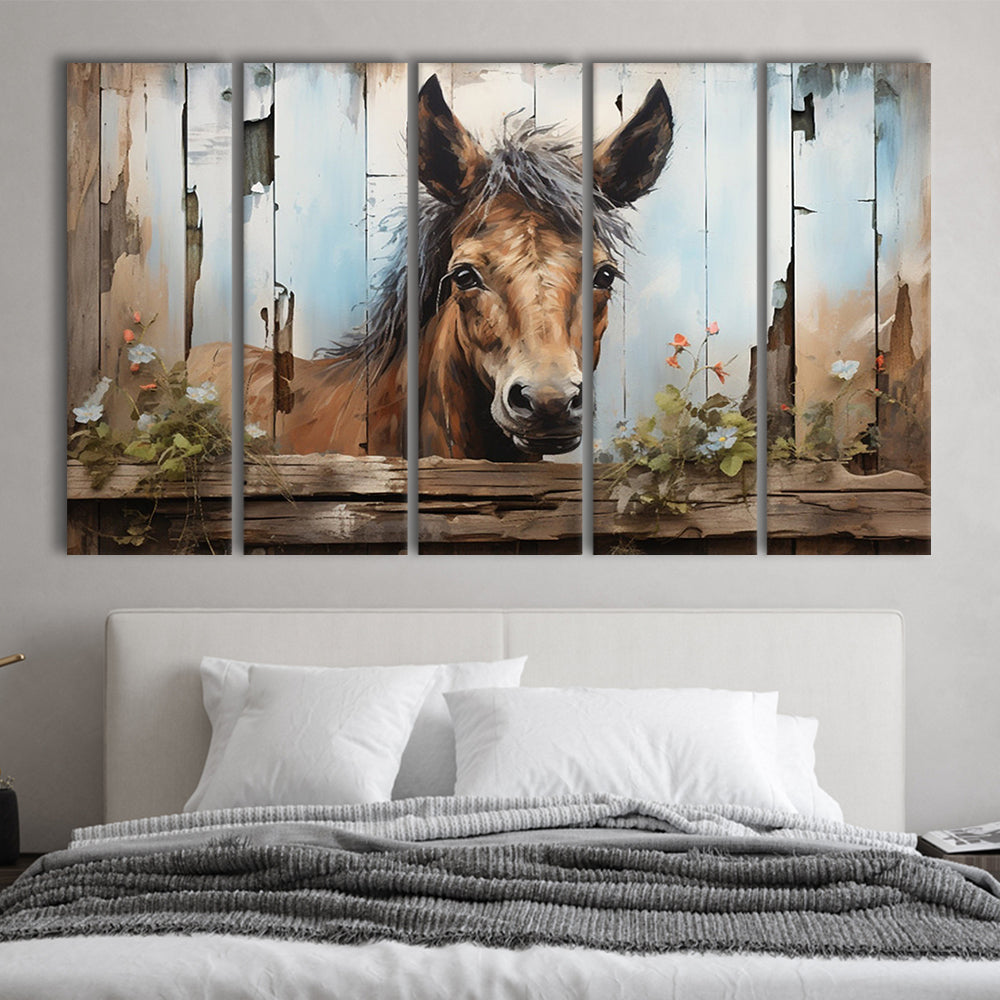 Farmhouse, Farm Horse Rustic Painting on Wood Effect Canvas Print, 5 Panel B Canvas Print Wall Art, Extra Large Canvas
