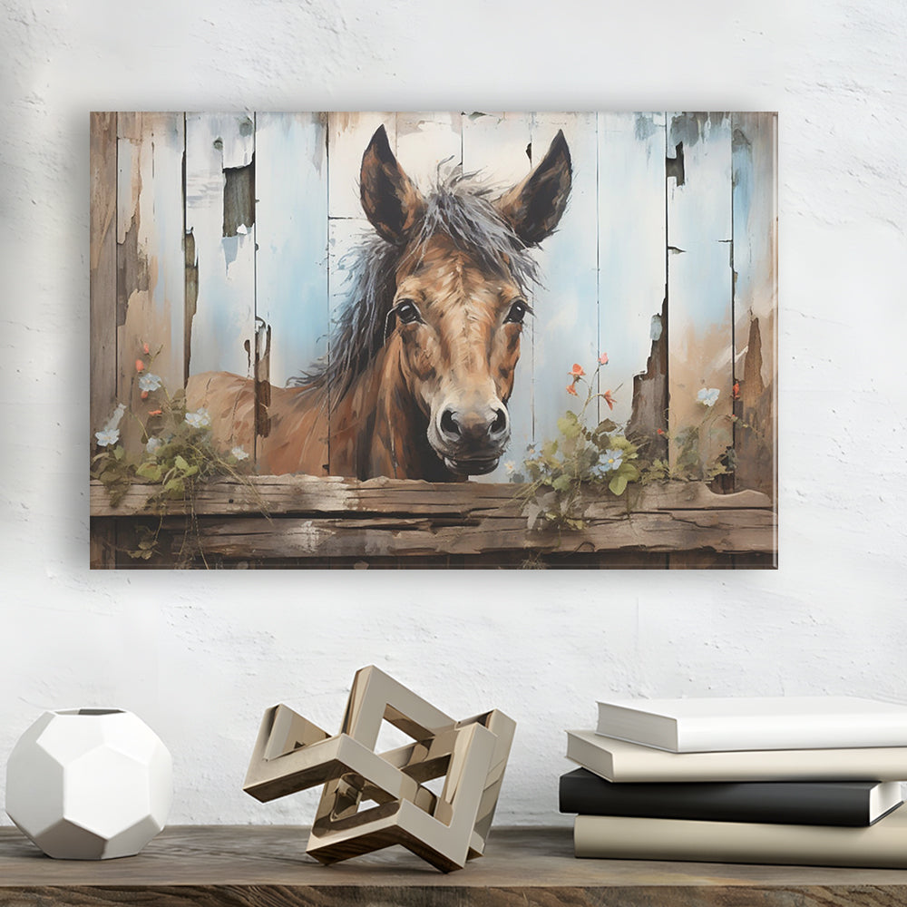 Farmhouse, Farm Horse Rustic Painting On Wood Effect Canvas Print, Canvas Print Wall Art, Wall Decor, Painting Canvas