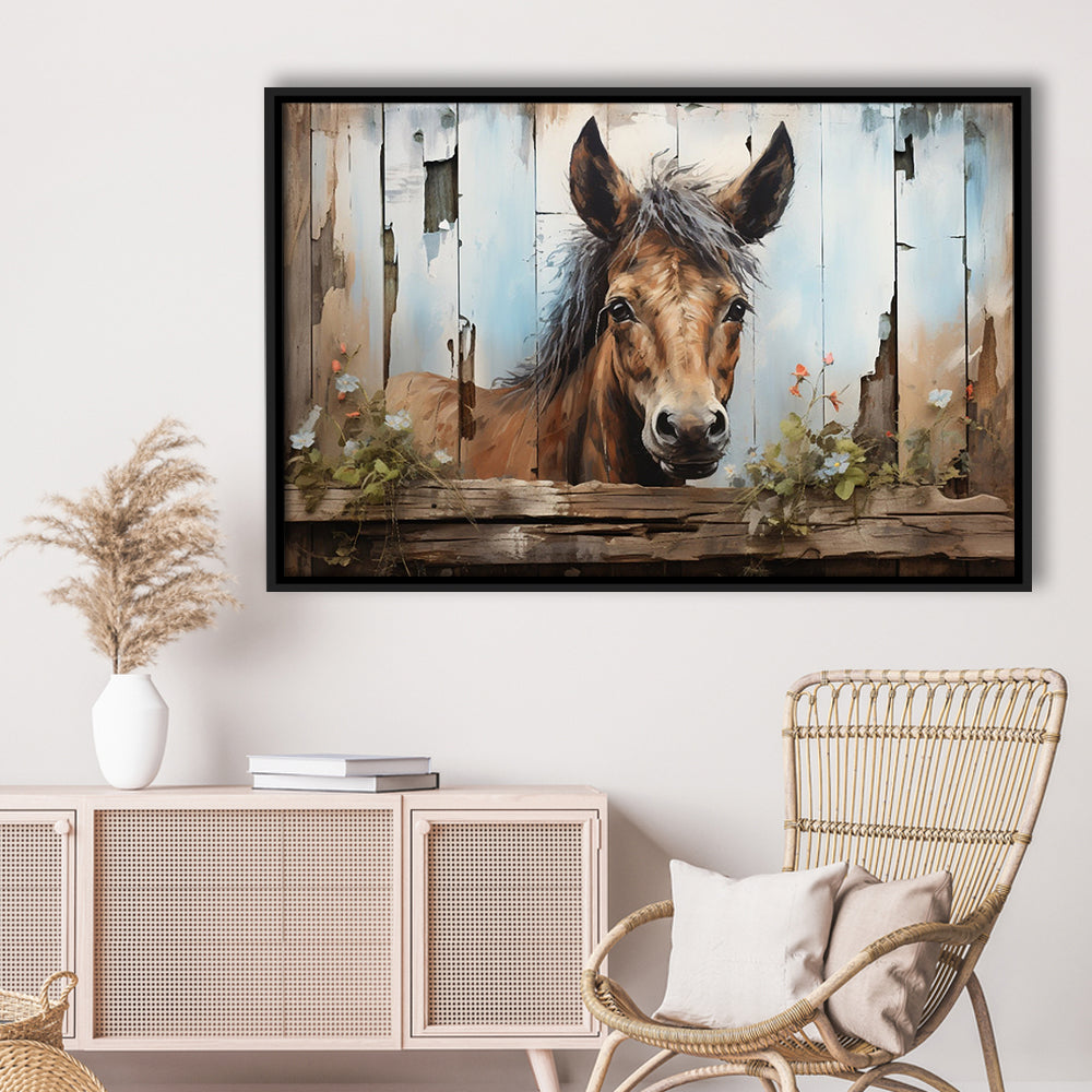 Farmhouse, Farm Horse Rustic Painting On Wood Effect Canvas Print, Framed Canvas Print Wall Art, Floating Frame