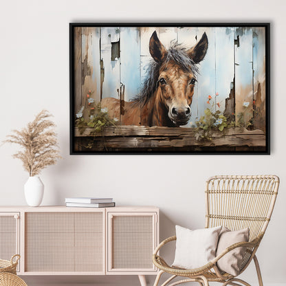 Farmhouse, Farm Horse Rustic Painting On Wood Effect Canvas Print, Framed Canvas Print Wall Art, Floating Frame