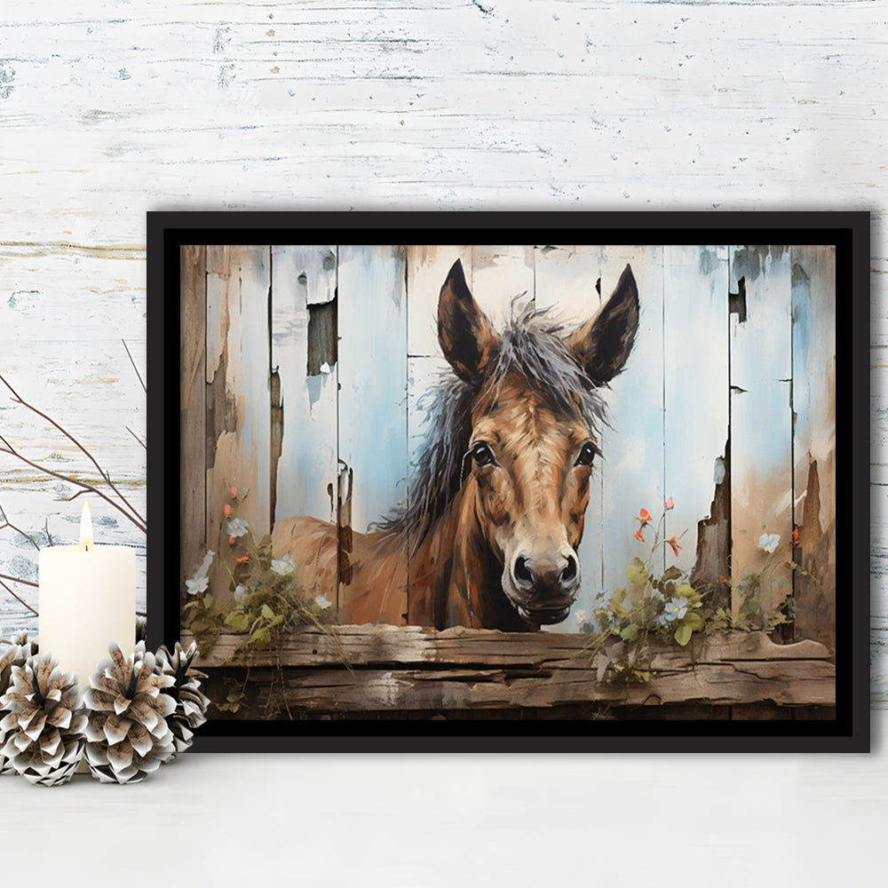 Farmhouse, Farm Horse Rustic Painting On Wood Effect Canvas Print, Framed Canvas Print Wall Art, Floating Frame