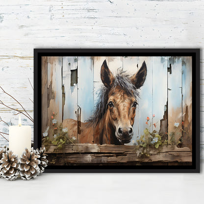 Farmhouse, Farm Horse Rustic Painting On Wood Effect Canvas Print, Framed Canvas Print Wall Art, Floating Frame