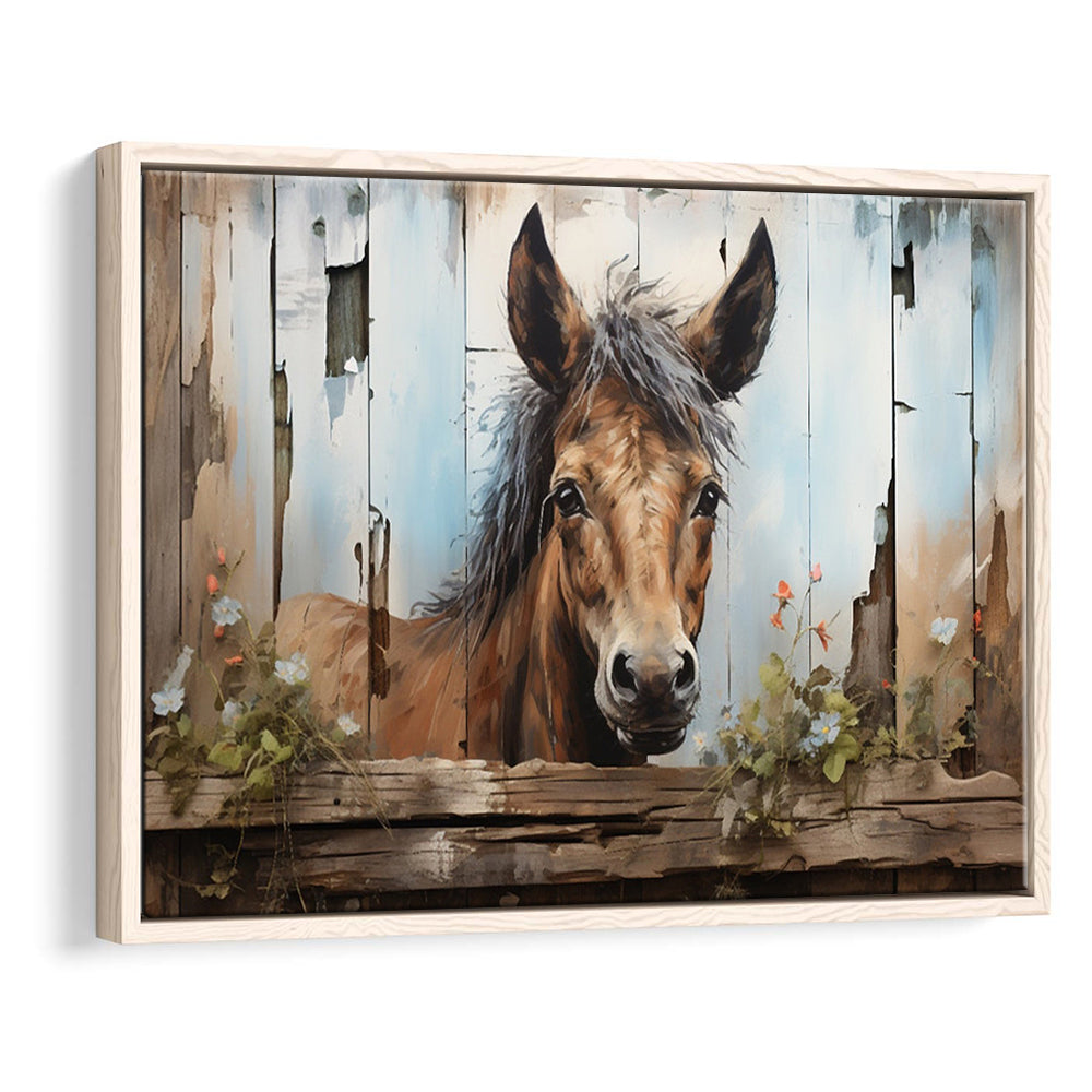 Farmhouse, Farm Horse Rustic Painting On Wood Effect Canvas Print, Framed Canvas Print Wall Art, Floating Frame