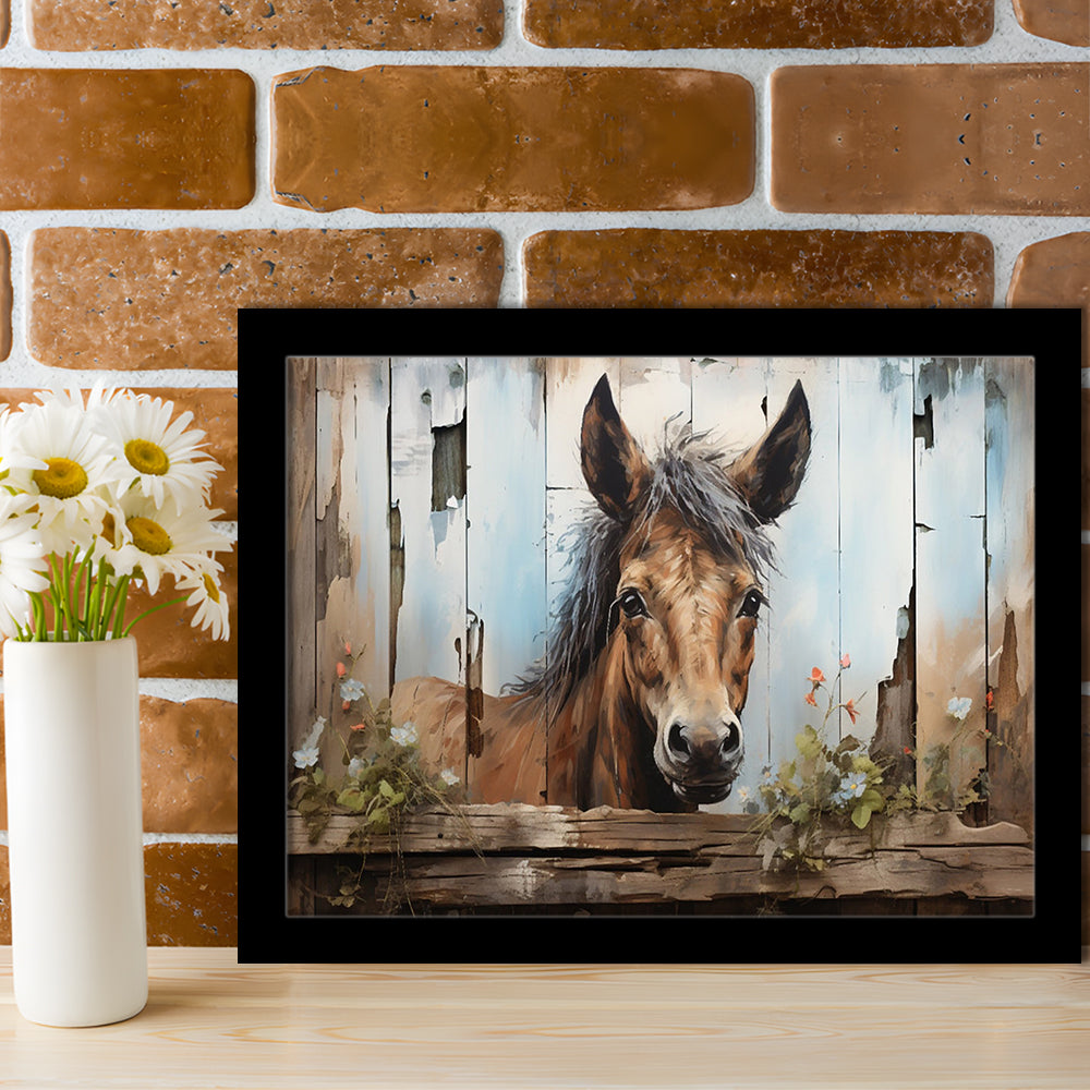 Farmhouse, Farm Horse Rustic Painting on Wood Effect Canvas Print, Framed Art Print Wall Decor, Picture Framed