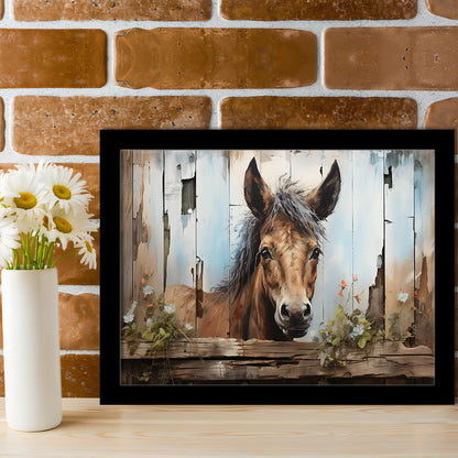 Farmhouse, Farm Horse Rustic Painting on Wood Effect Canvas Print, Framed Art Print Wall Decor, Picture Framed