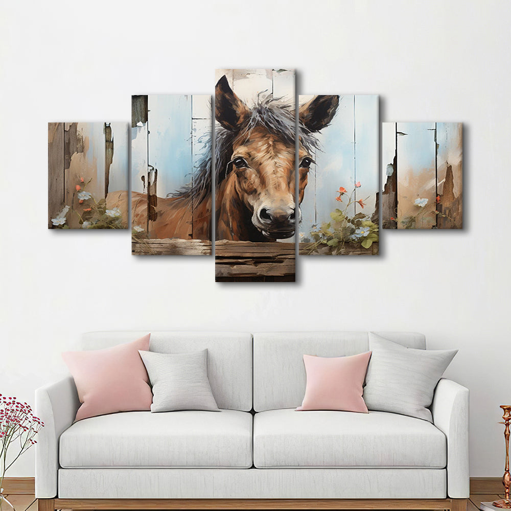 Farmhouse, Farm Horse Rustic Painting on Wood Effect Canvas Print, 5 Panel Mixed Canvas Print Wall Art, Large Canvas