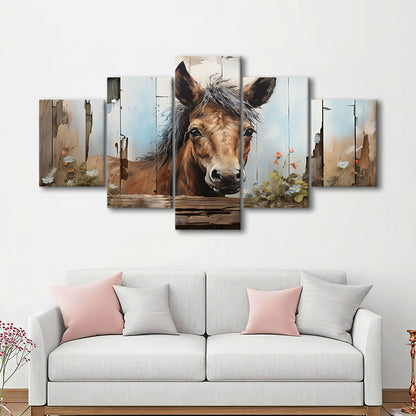 Farmhouse, Farm Horse Rustic Painting on Wood Effect Canvas Print, 5 Panel Mixed Canvas Print Wall Art, Large Canvas