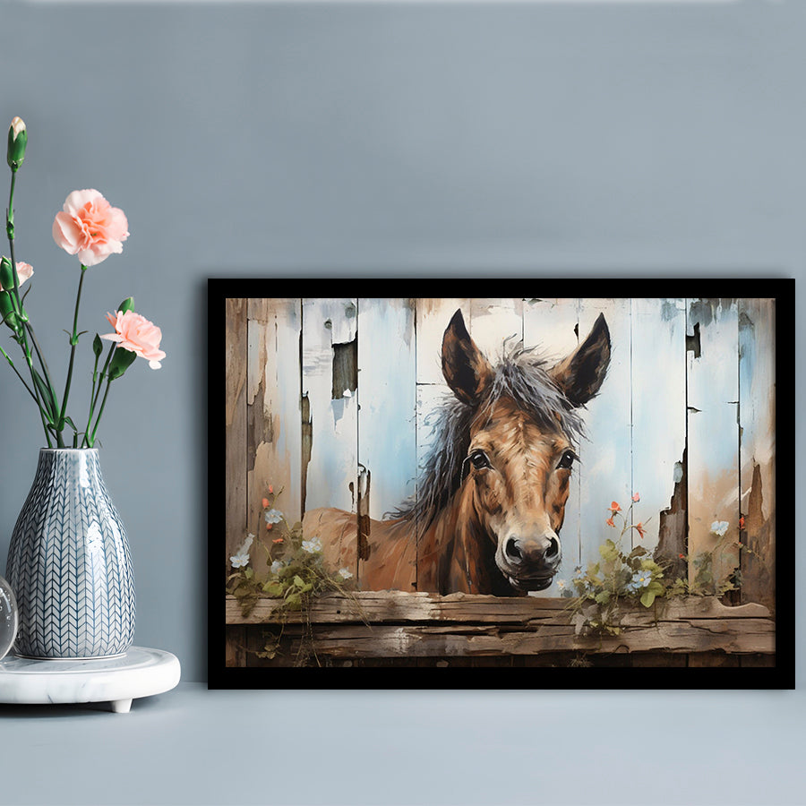 Farmhouse, Farm Horse Rustic Painting on Wood Effect Canvas Print, Framed Art Print Wall Decor, Picture Framed