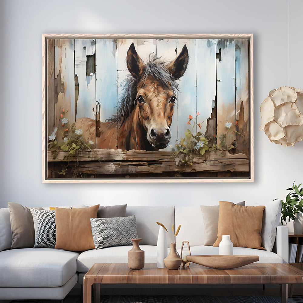 Farmhouse, Farm Horse Rustic Painting On Wood Effect Canvas Print, Framed Canvas Print Wall Art, Floating Frame