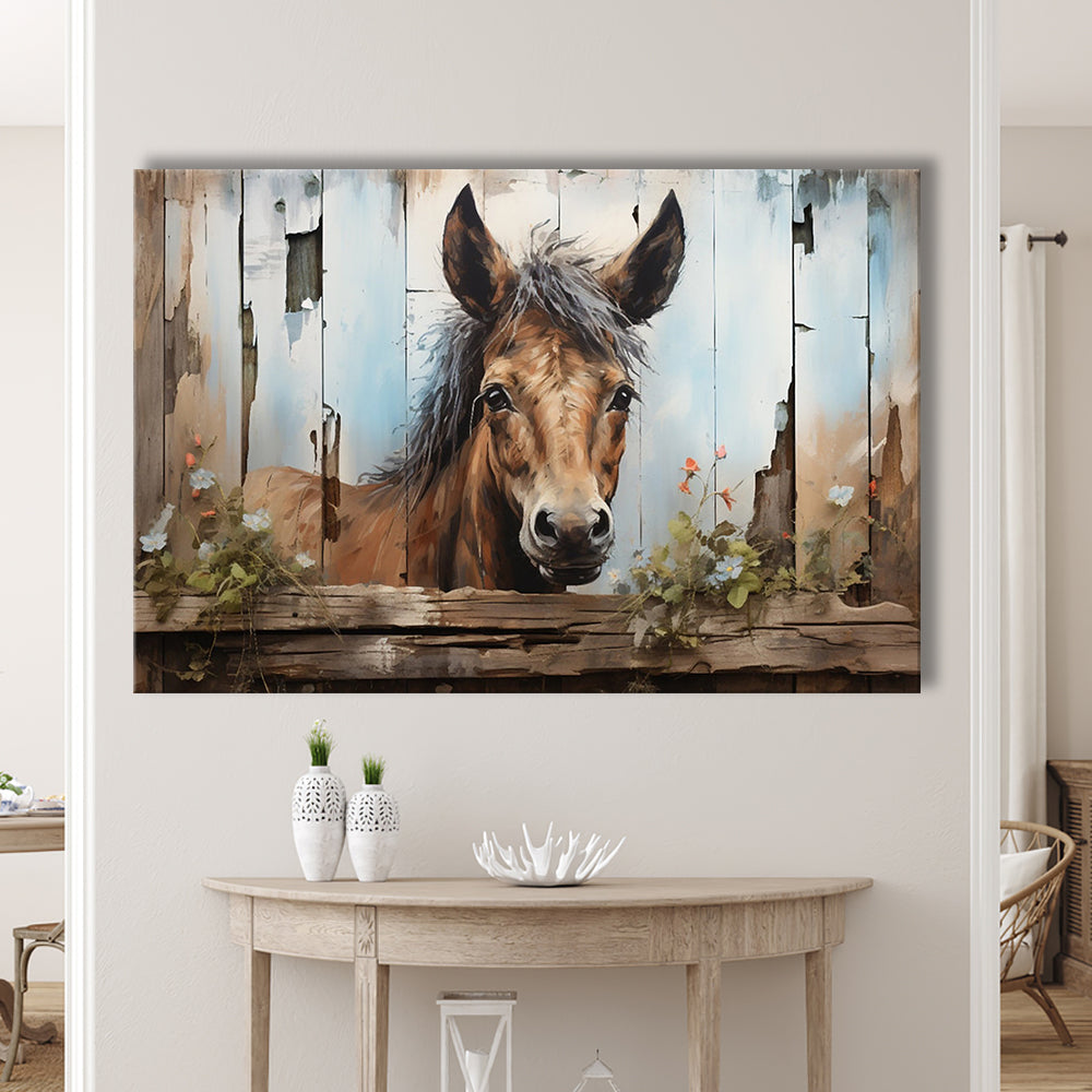 Farmhouse, Farm Horse Rustic Painting On Wood Effect Canvas Print, Canvas Print Wall Art, Wall Decor, Painting Canvas