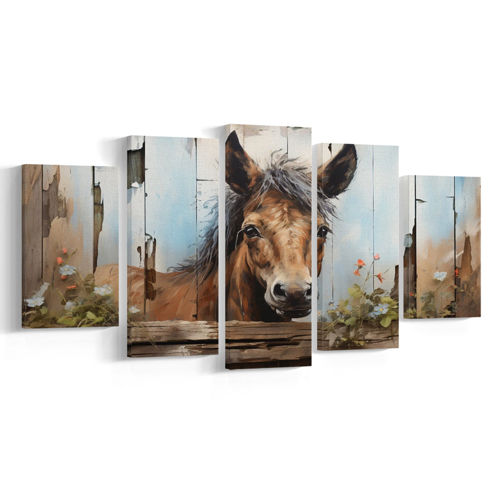 Farmhouse, Farm Horse Rustic Painting on Wood Effect Canvas Print, 5 Panel Mixed Canvas Print Wall Art, Large Canvas