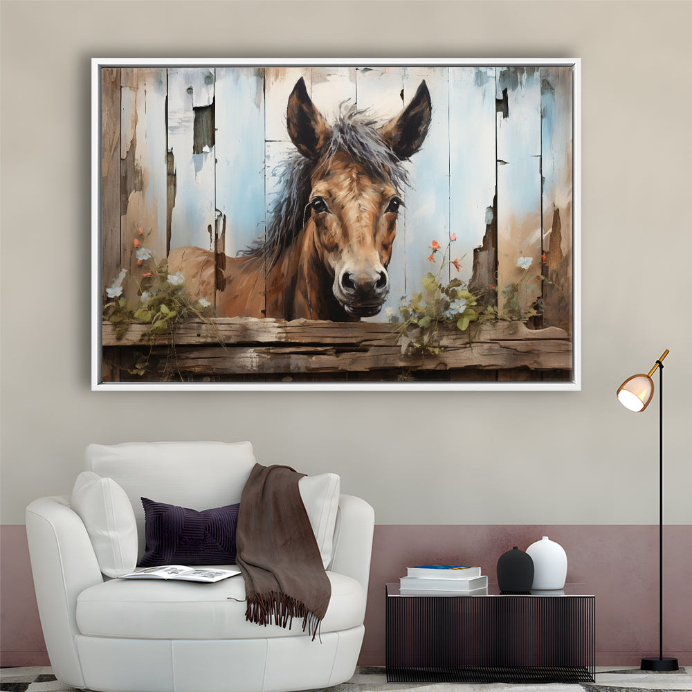 Farmhouse, Farm Horse Rustic Painting On Wood Effect Canvas Print, Framed Canvas Print Wall Art, Floating Frame