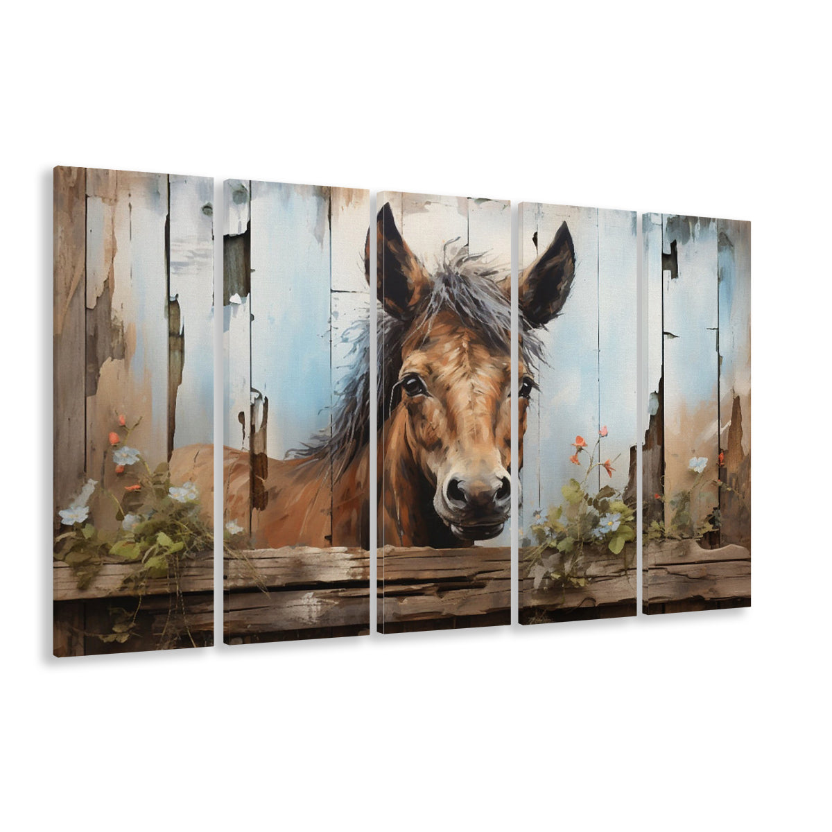 Farmhouse, Farm Horse Rustic Painting on Wood Effect Canvas Print, 5 Panel B Canvas Print Wall Art, Extra Large Canvas