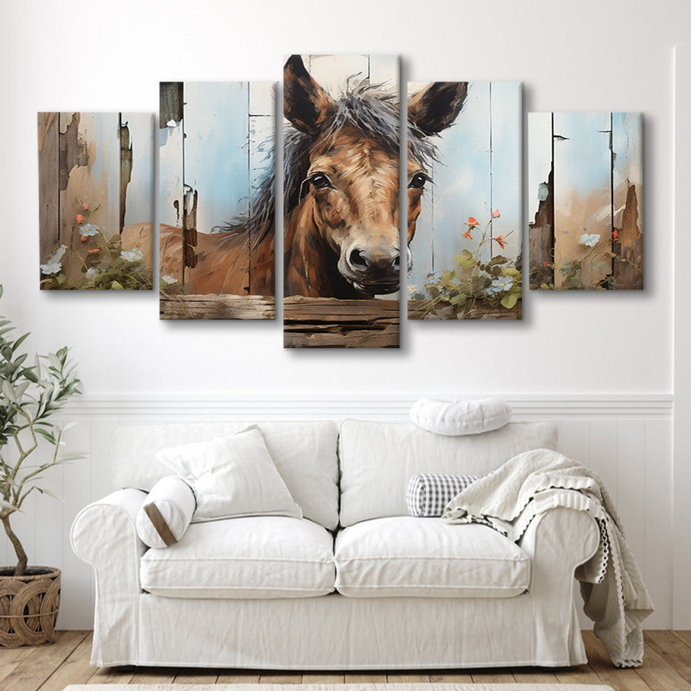 Farmhouse, Farm Horse Rustic Painting on Wood Effect Canvas Print, 5 Panel Mixed Canvas Print Wall Art, Large Canvas