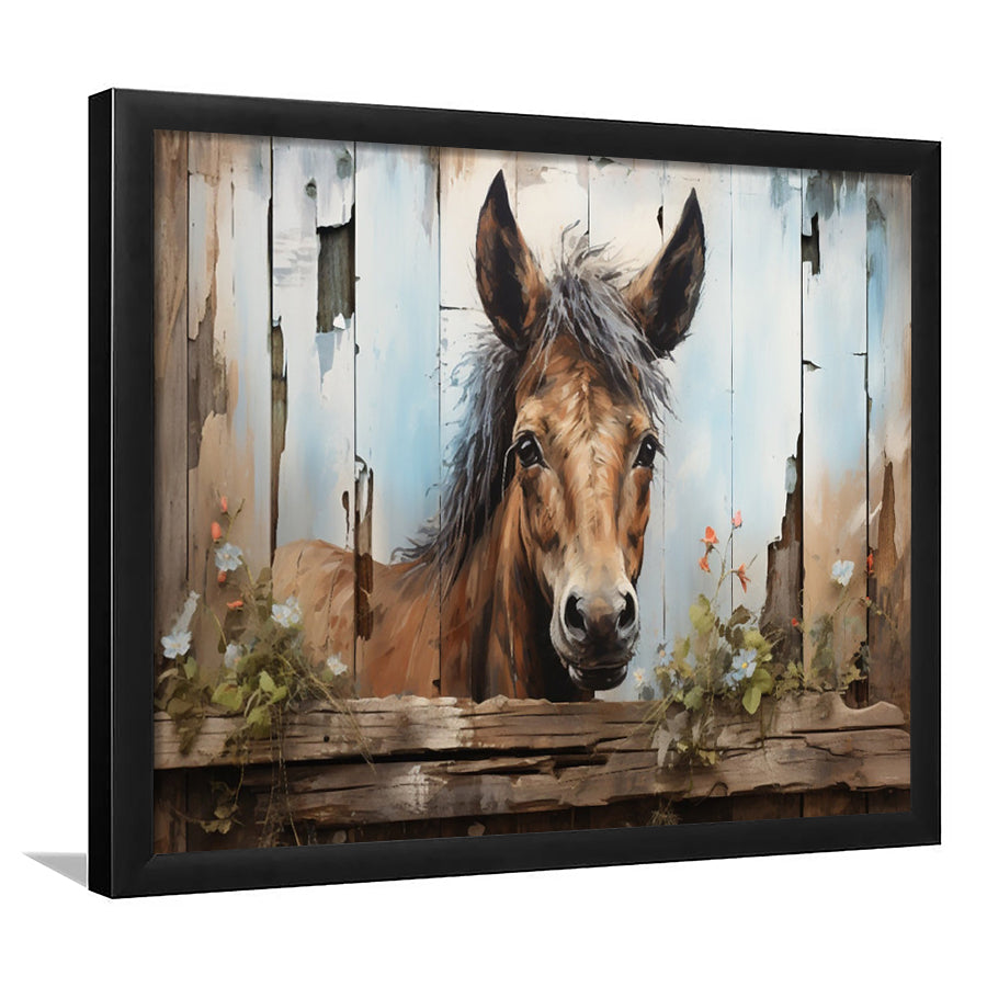 Farmhouse, Farm Horse Rustic Painting on Wood Effect Canvas Print, Framed Art Print Wall Decor, Picture Framed