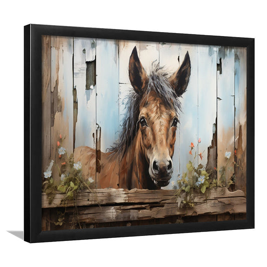 Farmhouse, Farm Horse Rustic Painting on Wood Effect Canvas Print, Framed Art Print Wall Decor, Picture Framed