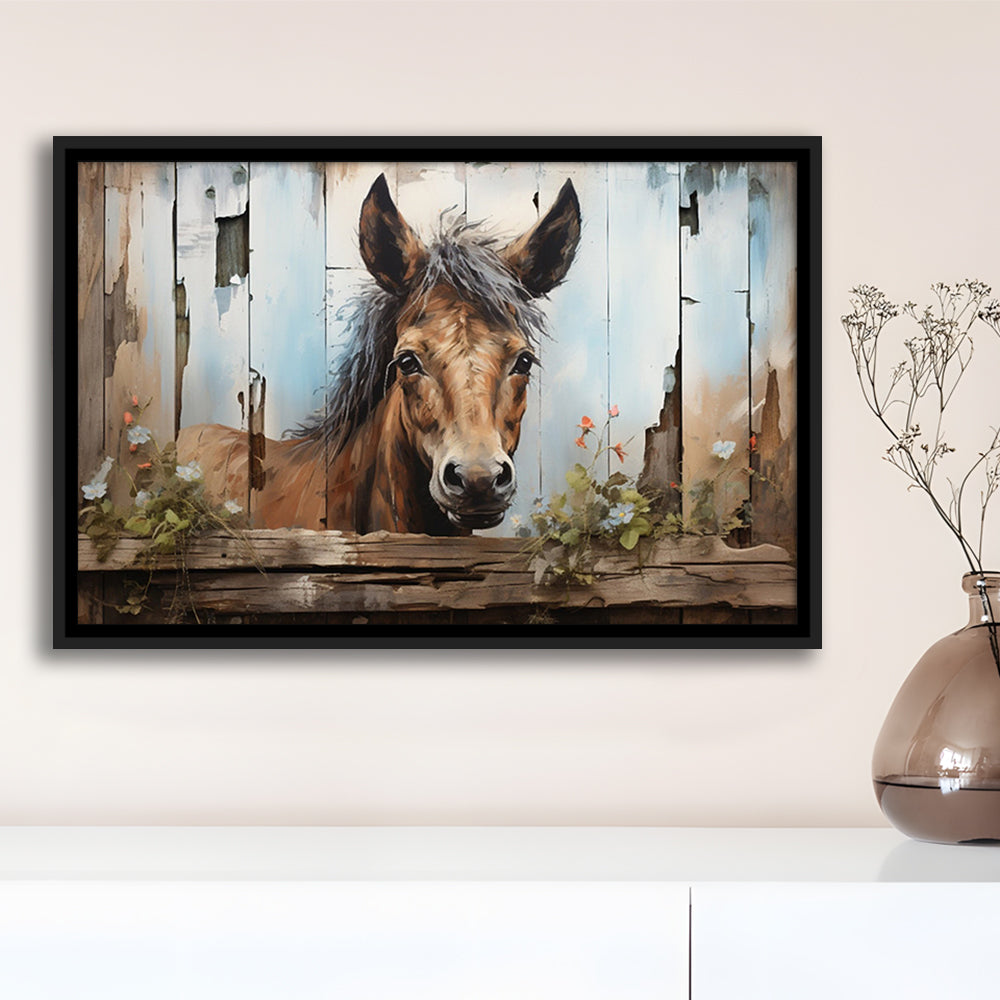 Farmhouse, Farm Horse Rustic Painting On Wood Effect Canvas Print, Framed Canvas Print Wall Art, Floating Frame
