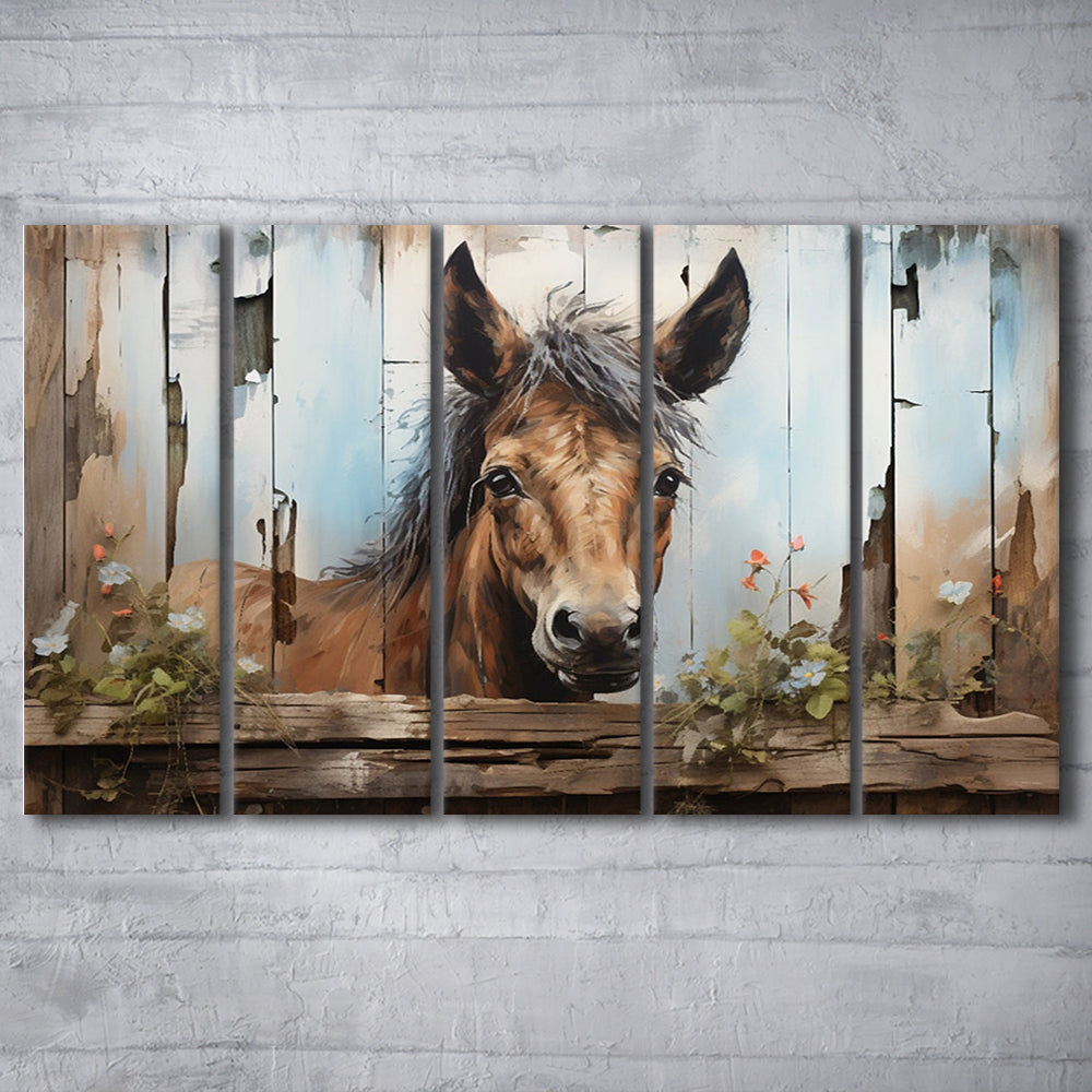 Farmhouse, Farm Horse Rustic Painting on Wood Effect Canvas Print, 5 Panel B Canvas Print Wall Art, Extra Large Canvas