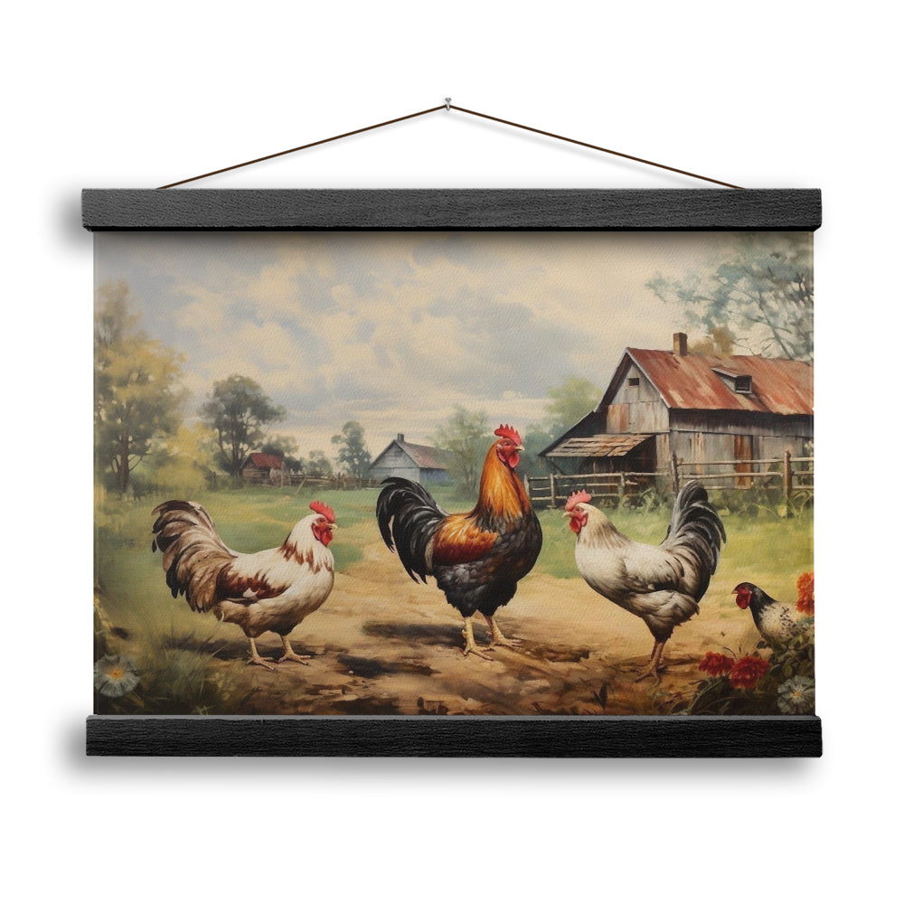 Farmhouse, Roosters Chickens Retro Painting Canvas Print, Hanging Canvas Print Wall Art