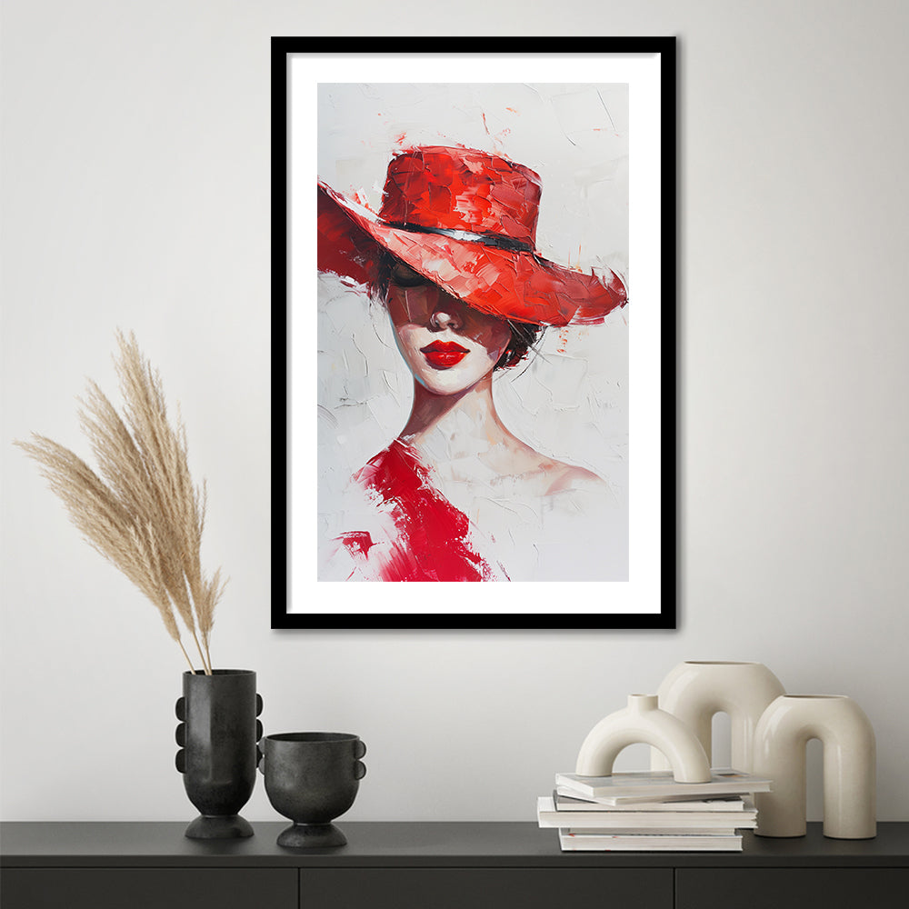 Fashion Girl Wearing Red Hat Art, Framed Picture Print, Framed Art Prints White Border Wall Decor