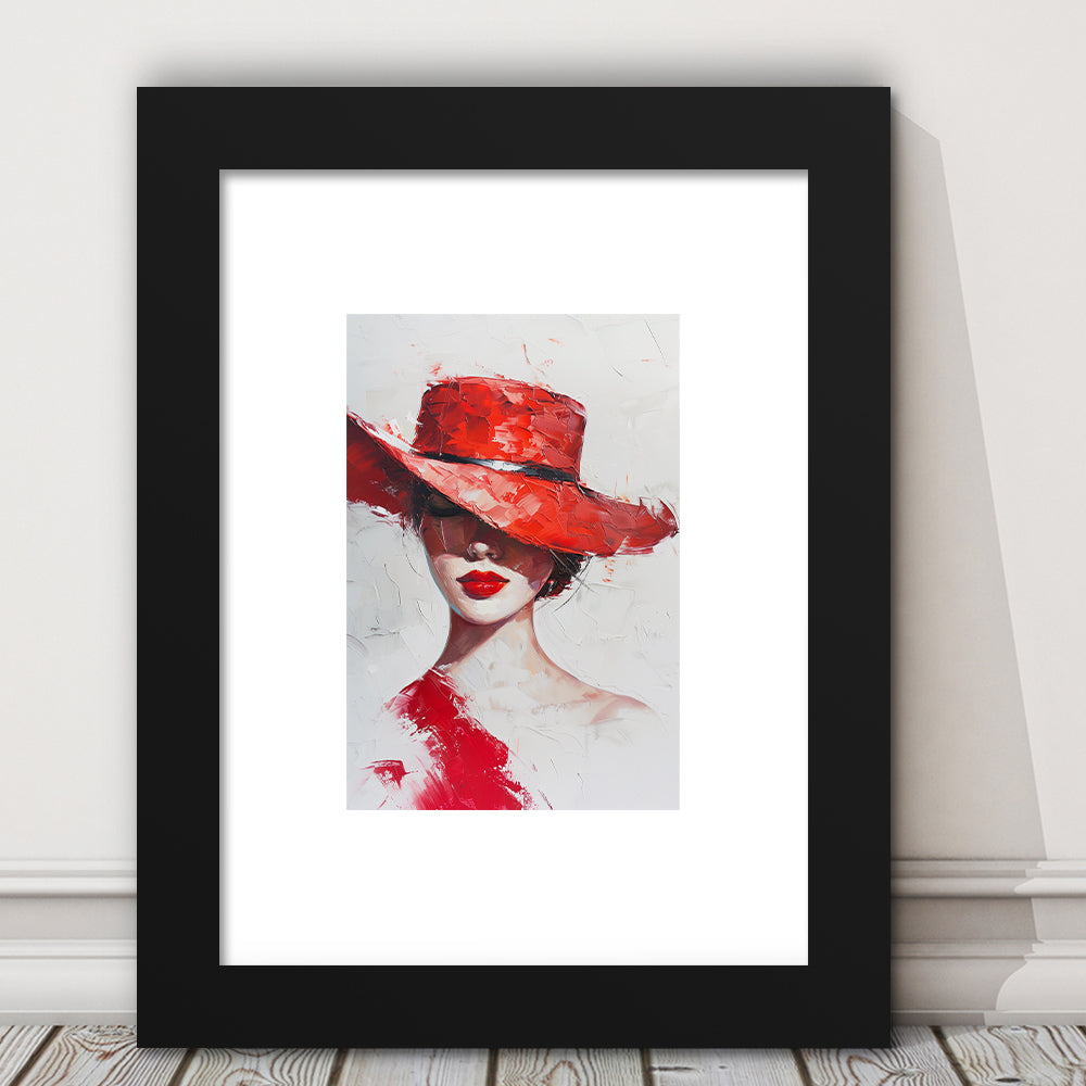 Fashion Girl Wearing Red Hat Art, Framed Picture Print, Framed Art Prints White Border Wall Decor