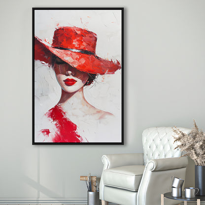 Fashion Girl Wearing Red Hat Art, Floating Framed Canvas Art Print,, Framed Canvas Prints Wall Art