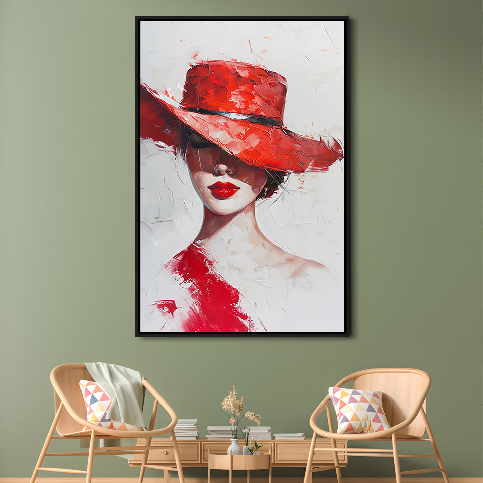 Fashion Girl Wearing Red Hat Art, Floating Framed Canvas Art Print,, Framed Canvas Prints Wall Art