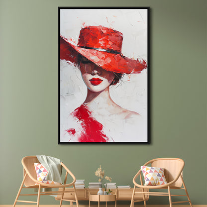 Fashion Girl Wearing Red Hat Art, Floating Framed Canvas Art Print,, Framed Canvas Prints Wall Art