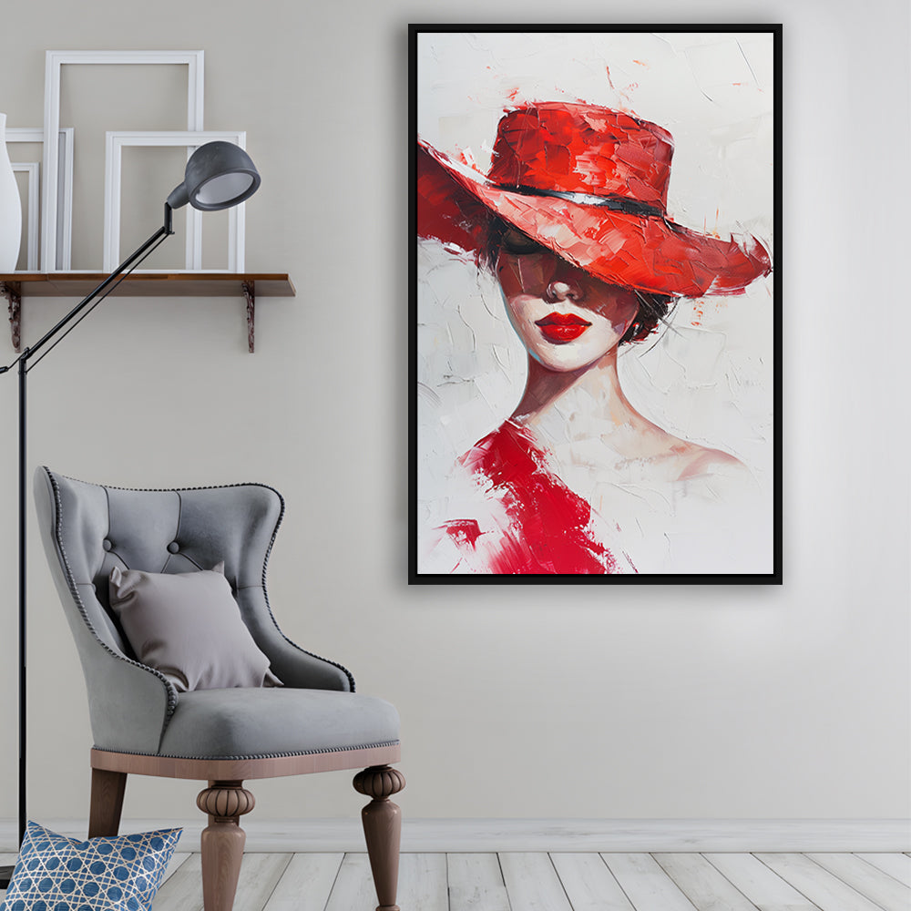 Fashion Girl Wearing Red Hat Art, Floating Framed Canvas Art Print,, Framed Canvas Prints Wall Art
