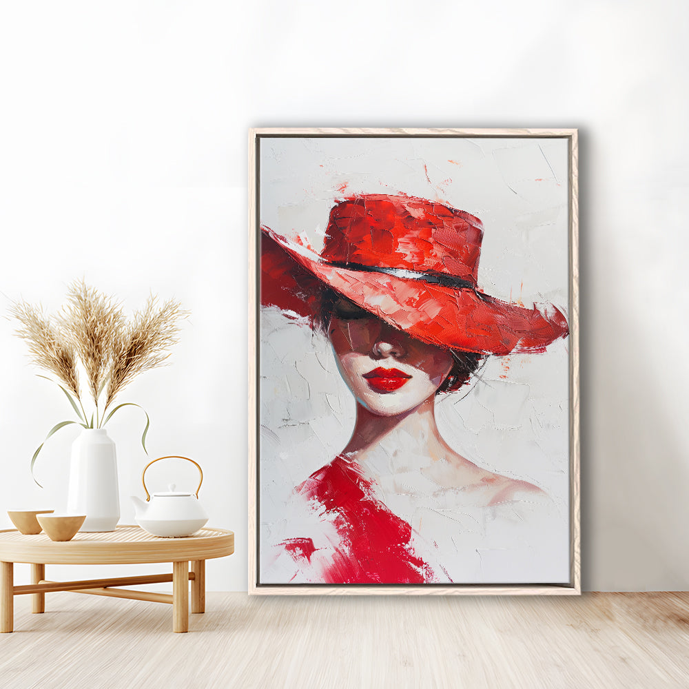 Fashion Girl Wearing Red Hat Art, Floating Framed Canvas Art Print,, Framed Canvas Prints Wall Art