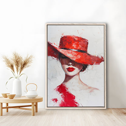 Fashion Girl Wearing Red Hat Art, Floating Framed Canvas Art Print,, Framed Canvas Prints Wall Art