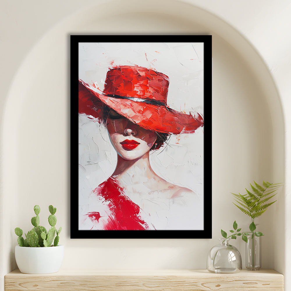 Fashion Girl Wearing Red Hat Art, Framed Picture Print,, Framed Art Prints Wall Decor