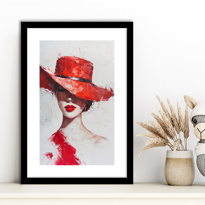 Fashion Girl Wearing Red Hat Art, Framed Picture Print, Framed Art Prints White Border Wall Decor