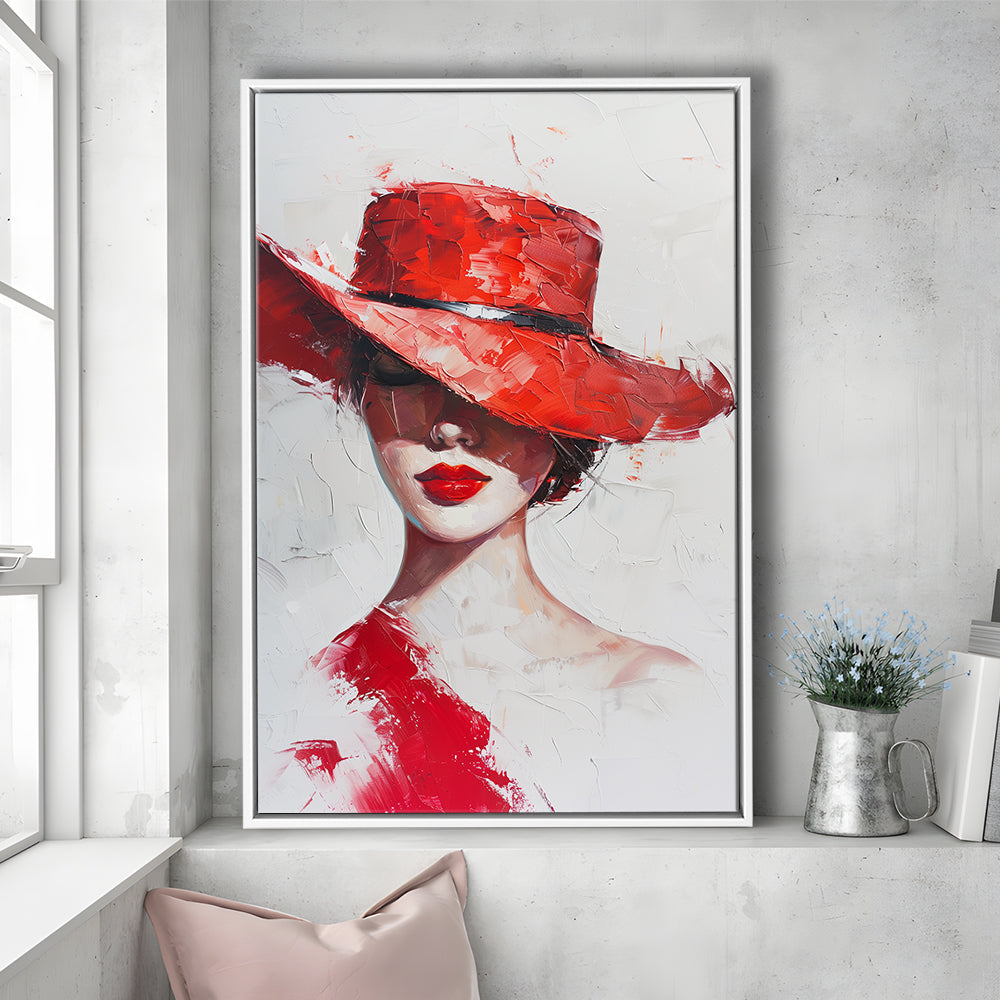 Fashion Girl Wearing Red Hat Art, Floating Framed Canvas Art Print,, Framed Canvas Prints Wall Art