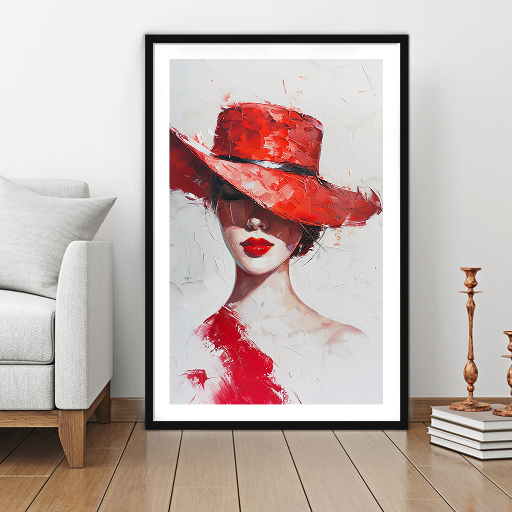 Fashion Girl Wearing Red Hat Art, Framed Picture Print, Framed Art Prints White Border Wall Decor