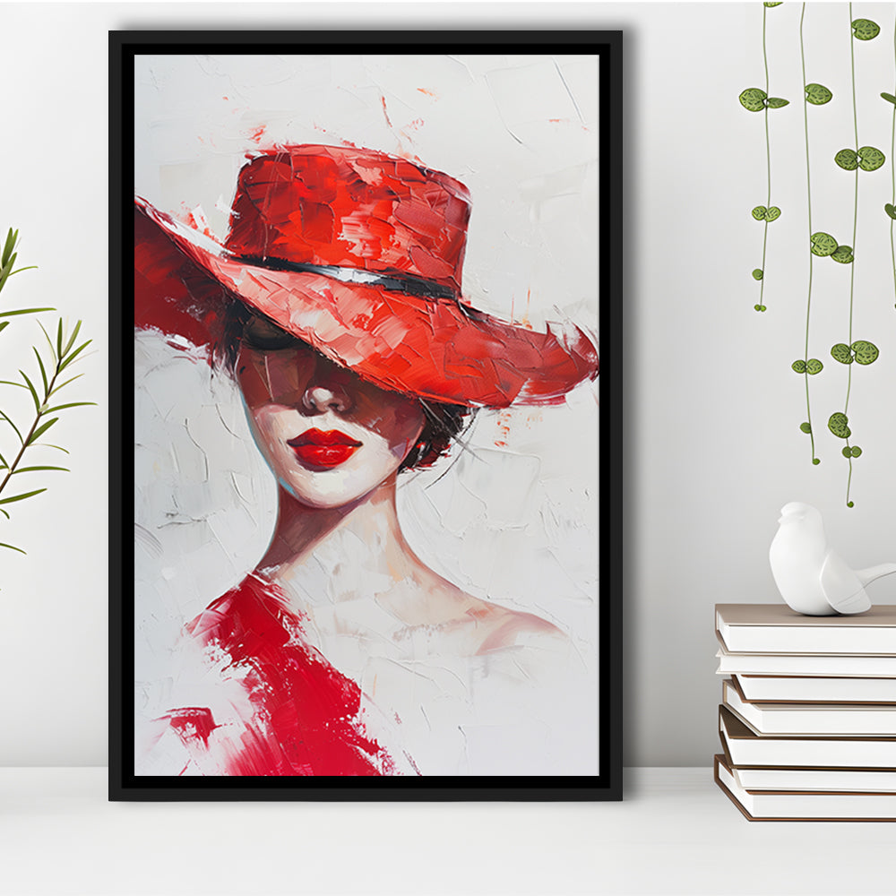 Fashion Girl Wearing Red Hat Art, Floating Framed Canvas Art Print,, Framed Canvas Prints Wall Art