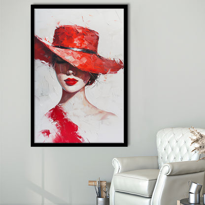 Fashion Girl Wearing Red Hat Art, Framed Picture Print,, Framed Art Prints Wall Decor