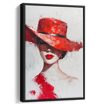 Fashion Girl Wearing Red Hat Art, Floating Framed Canvas Art Print,, Framed Canvas Prints Wall Art