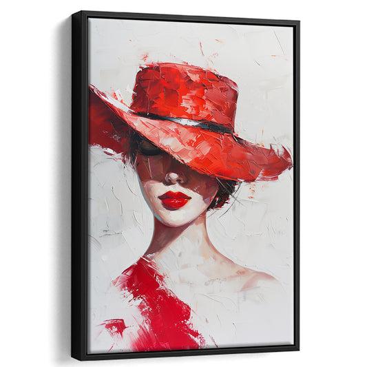 Fashion Girl Wearing Red Hat Art, Floating Framed Canvas Art Print,, Framed Canvas Prints Wall Art