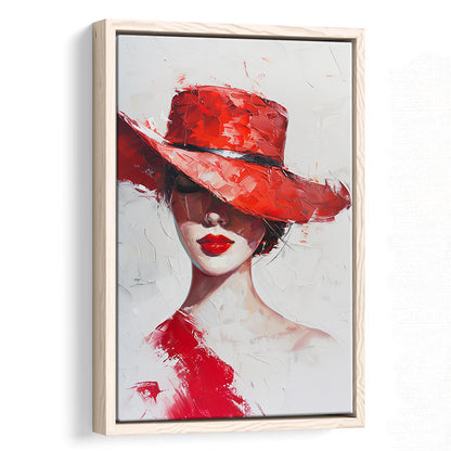 Fashion Girl Wearing Red Hat Art, Floating Framed Canvas Art Print,, Framed Canvas Prints Wall Art