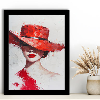 Fashion Girl Wearing Red Hat Art, Framed Picture Print,, Framed Art Prints Wall Decor