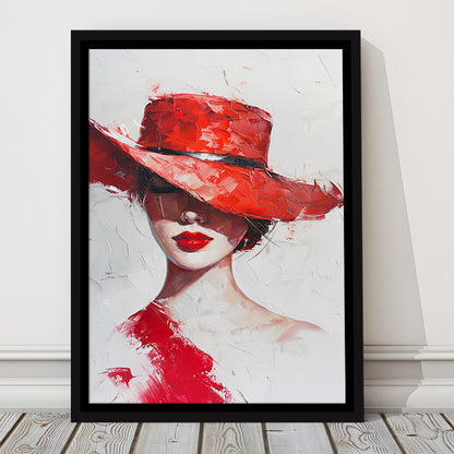 Fashion Girl Wearing Red Hat Art, Floating Framed Canvas Art Print,, Framed Canvas Prints Wall Art