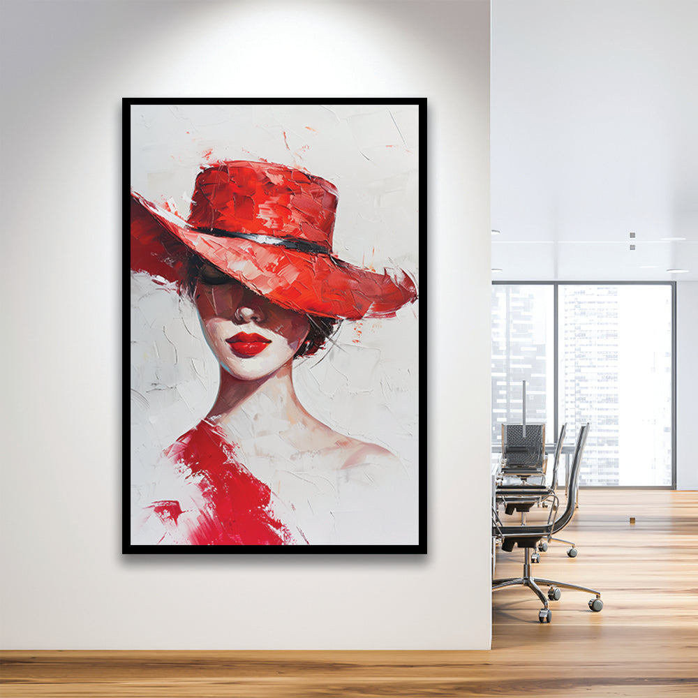 Fashion Girl Wearing Red Hat Art, Framed Picture Print,, Framed Art Prints Wall Decor