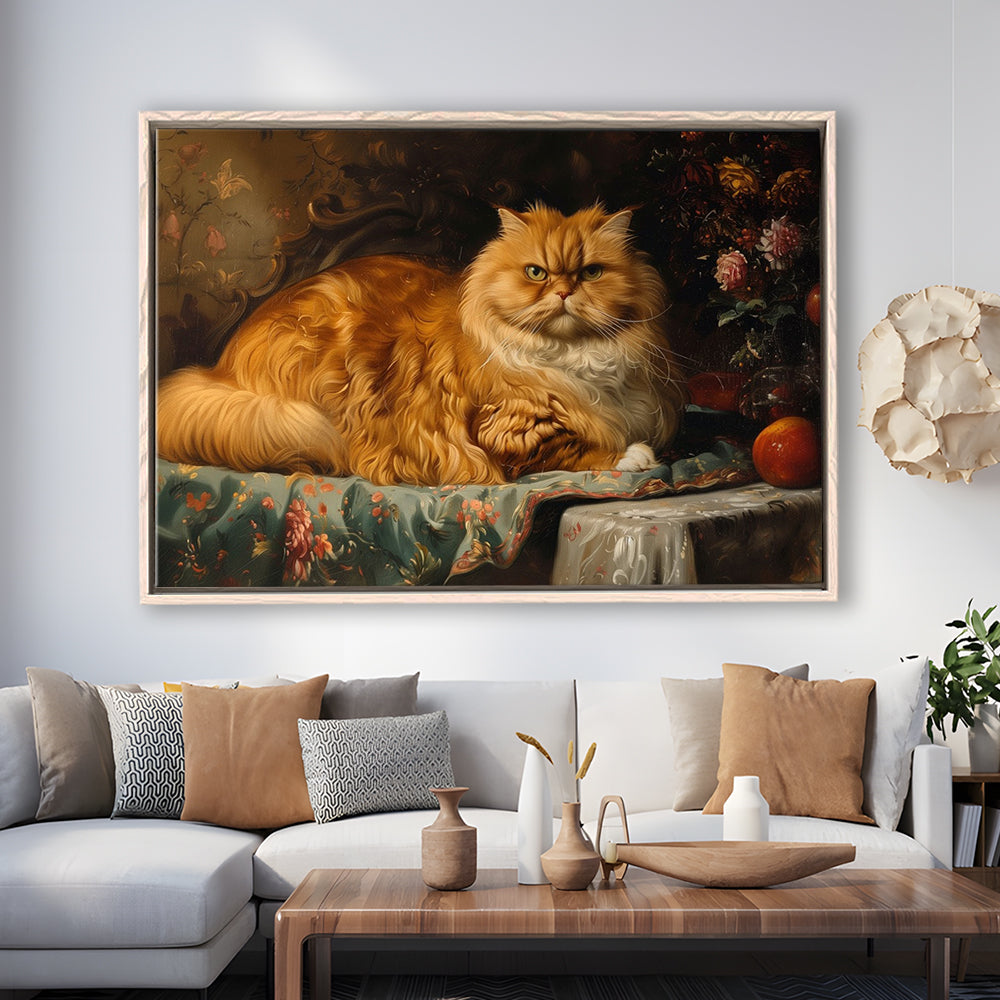 Fat Red Cat Victorian Portrait Oil Painting, Chubby Giant Red Haired Cat, Framed Canvas Print Wall Art, Floating Frame