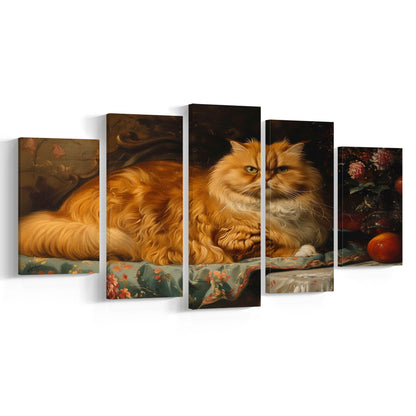 Fat Red Cat Victorian Portrait Oil Painting, Chubby Giant Red Haired Cat, 5 Panel Mixed Canvas Print Wall Art, Large Canvas