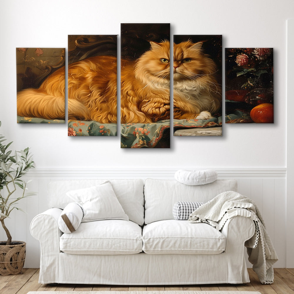 Fat Red Cat Victorian Portrait Oil Painting, Chubby Giant Red Haired Cat, 5 Panel Mixed Canvas Print Wall Art, Large Canvas
