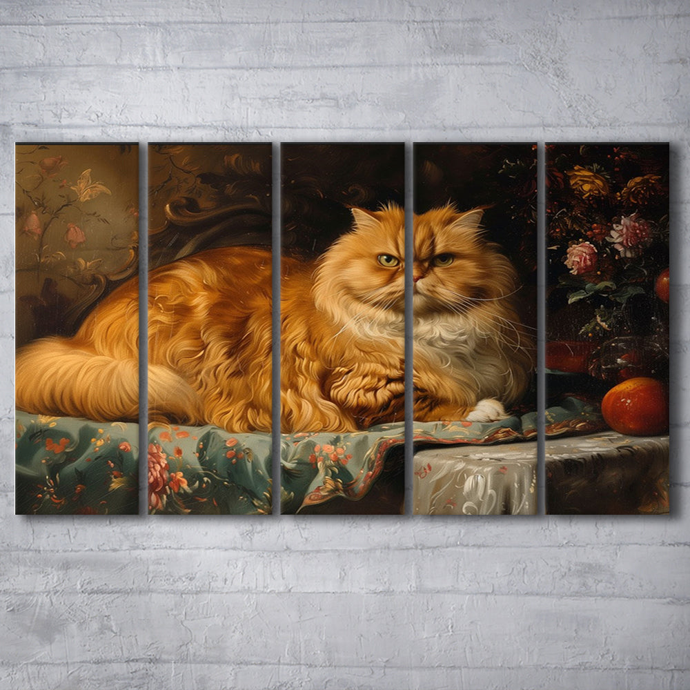 Fat Red Cat Victorian Portrait Oil Painting, Chubby Giant Red Haired Cat, 5 Panel B Canvas Print Wall Art, Extra Large Canvas