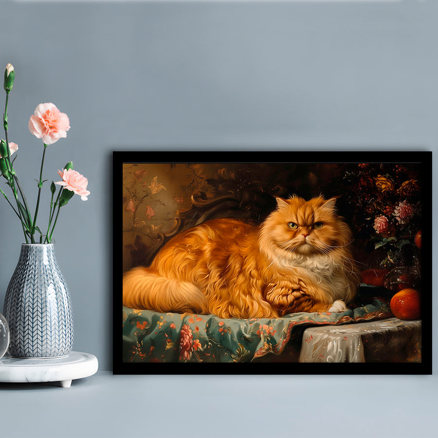 Fat Red Cat Victorian Portrait Oil Painting, Chubby Giant Red Haired Cat, Framed Art Print Wall Decor, Picture Framed