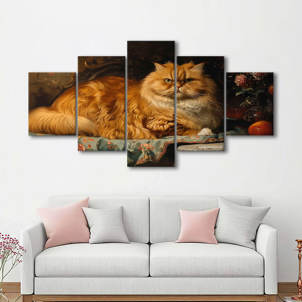 Fat Red Cat Victorian Portrait Oil Painting, Chubby Giant Red Haired Cat, 5 Panel Mixed Canvas Print Wall Art, Large Canvas