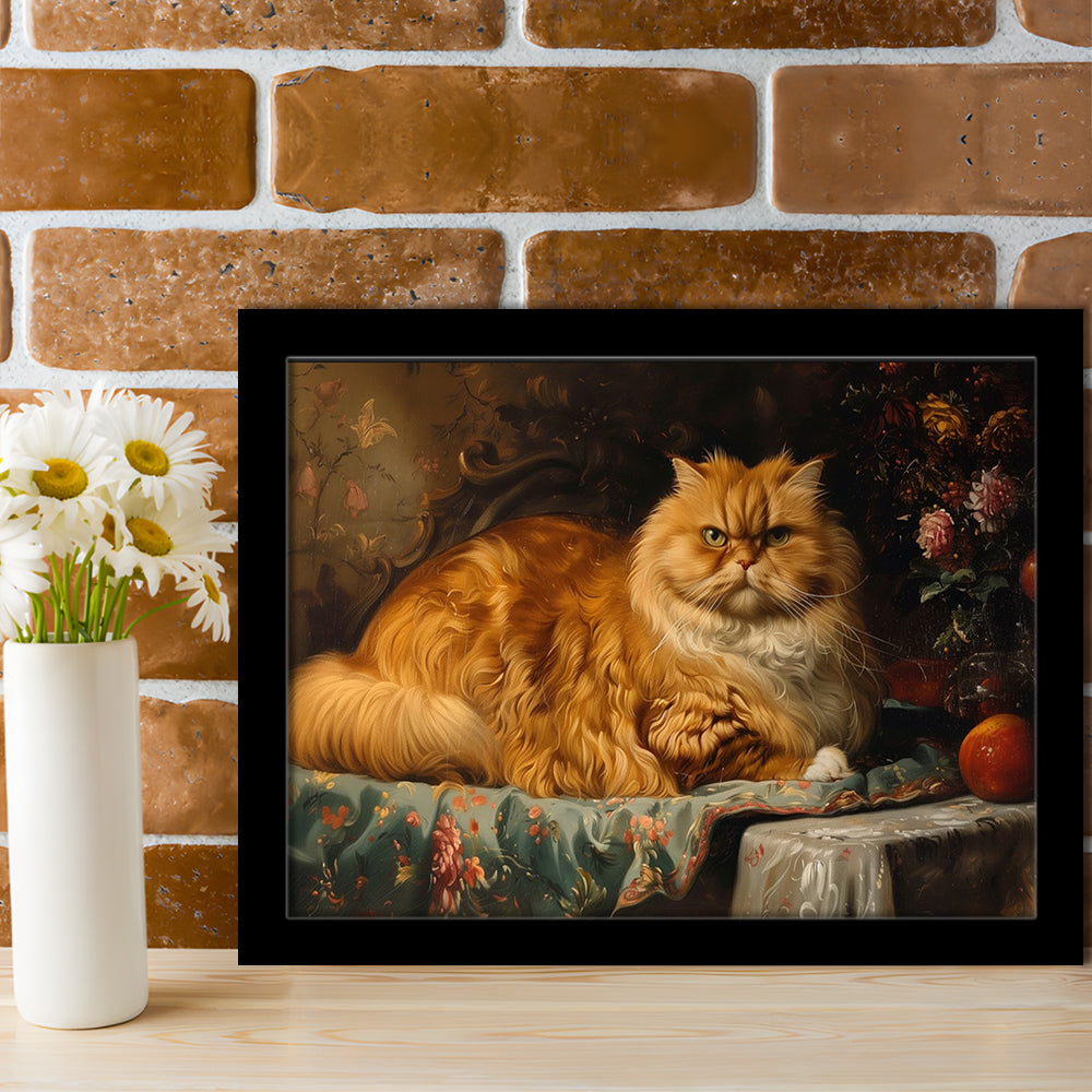 Fat Red Cat Victorian Portrait Oil Painting, Chubby Giant Red Haired Cat, Framed Art Print Wall Decor, Picture Framed